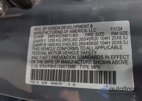 2025 Honda Passport Awd Ex-L from USA, damaged, VIN 5FNYF8H51SB013988